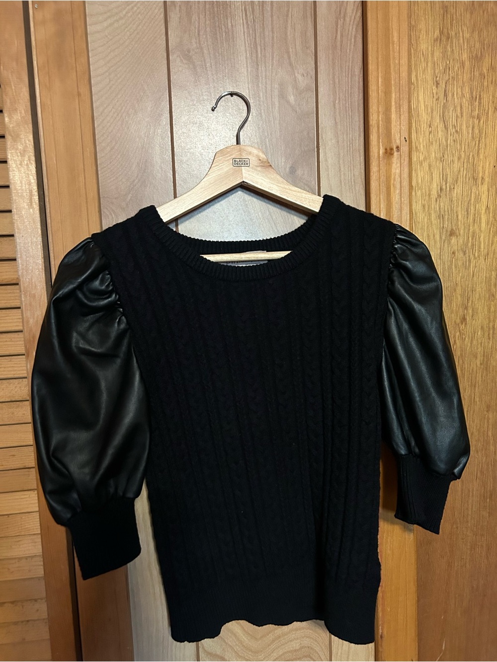 Philosophy Black Cable-Knit Top with Puff Faux-Leather Sleeves